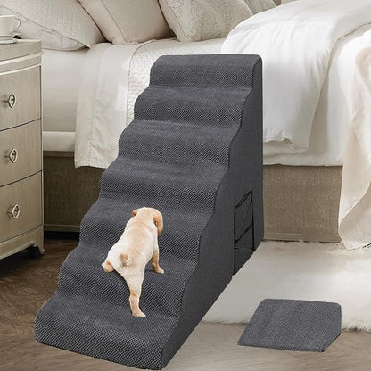 MALOROY Dog Stairs for High Beds 30-36 inches Tall, 7-Step Pet Stairs/Steps for Small Large Dogs, 30D Foam Pet Steps/Ramp/Ladder for High Bedsides, with 4pcs Dog Ramp for Stairs, Dark Grey