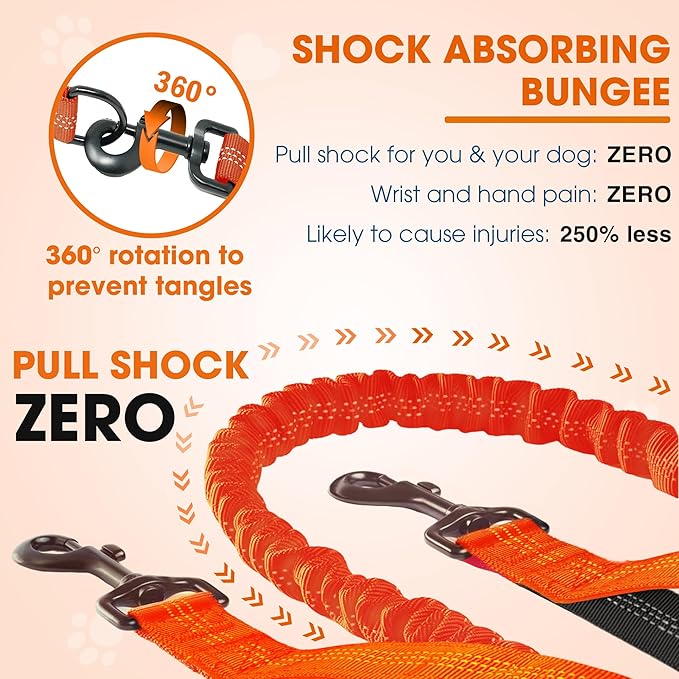 Hands Free Dog Leash with Waist Belt – No-Pull Bungee, Dual Padded Handles & Zipper Pouch for Running, Walking & Training – Adjustable Waist Leash for Large & Medium Dogs (Orange)