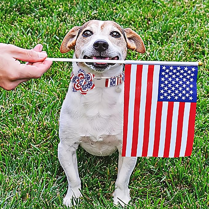 UP URARA PUP Dog Collar with Flower, 4th of July Comfortable Cotton Dog Collar, American Flag Collar for Small Girl Dog, Patriotic Flower Collar with Metal Buckle, S
