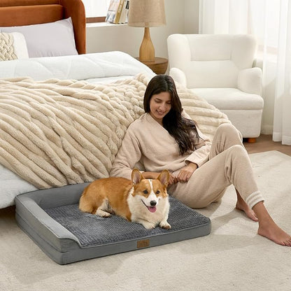 COZY KISS Orthopedic Dog Bed for Large Medium Size Dog, Dogs Crate Bed, L Shaped Foam Anti-Slip Bottom Pet Cat Sofa with Washable Removable Cover, Suitable for Pet Up to 75 lbs, 36x27x6.5 inch, Grey