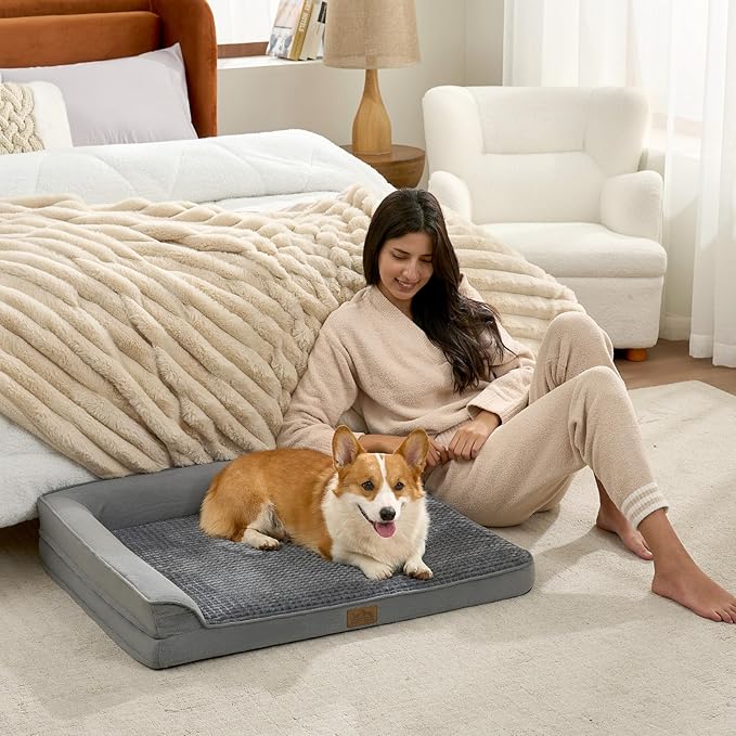 COZY KISS Orthopedic Dog Bed for Medium Small Size Dog, Dogs Crate Bed, L Shaped Foam Anti-Slip Bottom Pet Cat Sofa with Washable Removable Cover, Suitable for Pet Up to 40 lbs, 30x20x6.5 inch, Grey