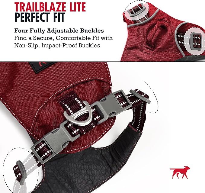Tuff Pupper All-Day Wear Dog Harness | for Walking, Trail Running, Hiking | Front & Back Leash Clips | Reflective Trim | Easy On/Off Buckles | Lightweight Breathable | No Pull Design (XS, Red)