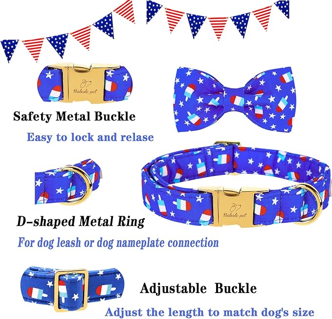 4th of July Dog Collar with Bow Tie, Summer Popsicle Flag Day Dog Bowtie Collars, Blue Adjustable Patriotic Pet Collar for Small Medium Large Dogs XL