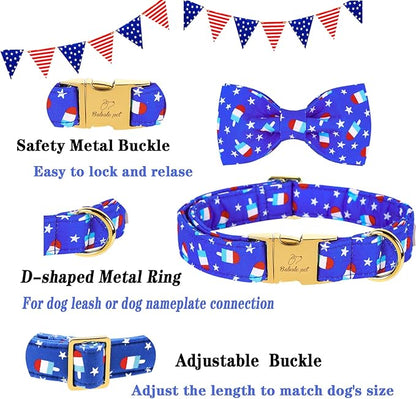 4th of July Dog Collar with Bow Tie, Summer Popsicle Flag Day Dog Bowtie Collars, Blue Adjustable Patriotic Pet Collar for Small Medium Large Dogs XL