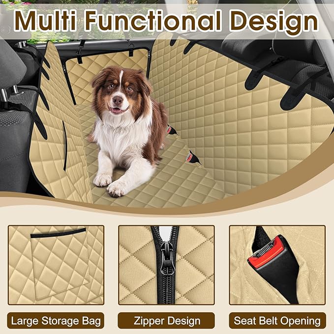 NECKORY Waterproof Dog Car Seat Cover for Back Seat - Durable, Scratch Proof Pet Hammock with Nonslip Design & Storage Pockets, Fits Cars, SUVs, Trucks - L, Khaki/Black