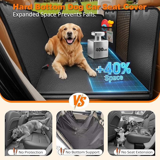 URPOWER PU Leather Backseat Extender for Dogs, Hard Bottom Dog Car Seat Cover for Back Seat, Waterproof Dog Car Hammock Anti-Scratch Pet Rear Seat Protector Travel Bed for Car and SUV