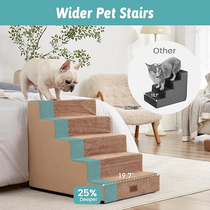 COZY KISS Dog Stairs for Small Dogs 5-Step, 19.7" Extra Wide Right-Angle Pet Stairs for Couch and Beds, Anti-Slip Dog Steps for Old Cats and Lowrider, 19.7x29.5x23.6 inch, Light Brown