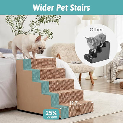 COZY KISS Dog Stairs for Small Dogs 5-Step, 19.7" Extra Wide Right-Angle Pet Stairs for Couch and Beds, Anti-Slip Dog Steps for Old Cats and Lowrider, 19.7x29.5x23.6 inch, Light Brown