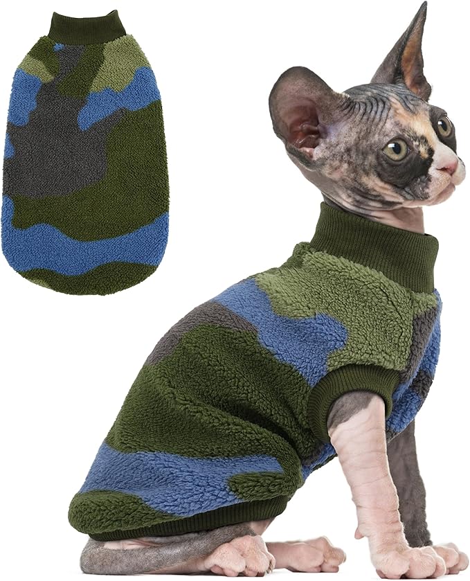 PUMYPOREITY Winter Warm Cat Sweater - Super Soft & Elastic Knit with Plush Fleece, Easy-On Design with Ribbed Neck & Cuffs, Stretchy Cat Outfit for Indoor/Outdoor Use,Green, S