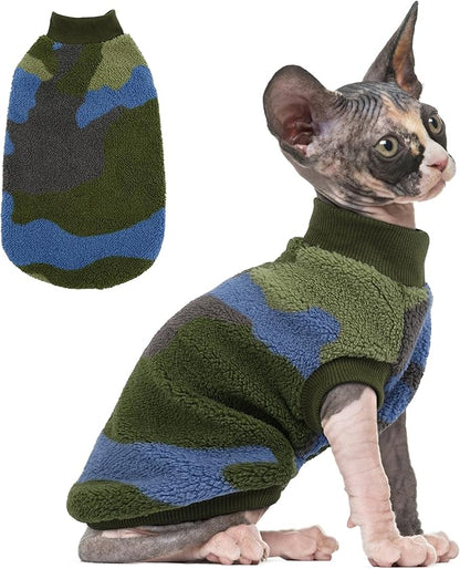 PUMYPOREITY Winter Warm Cat Sweater - Super Soft & Elastic Knit with Plush Fleece, Easy-On Design with Ribbed Neck & Cuffs, Stretchy Cat Outfit for Indoor/Outdoor Use,Green, S