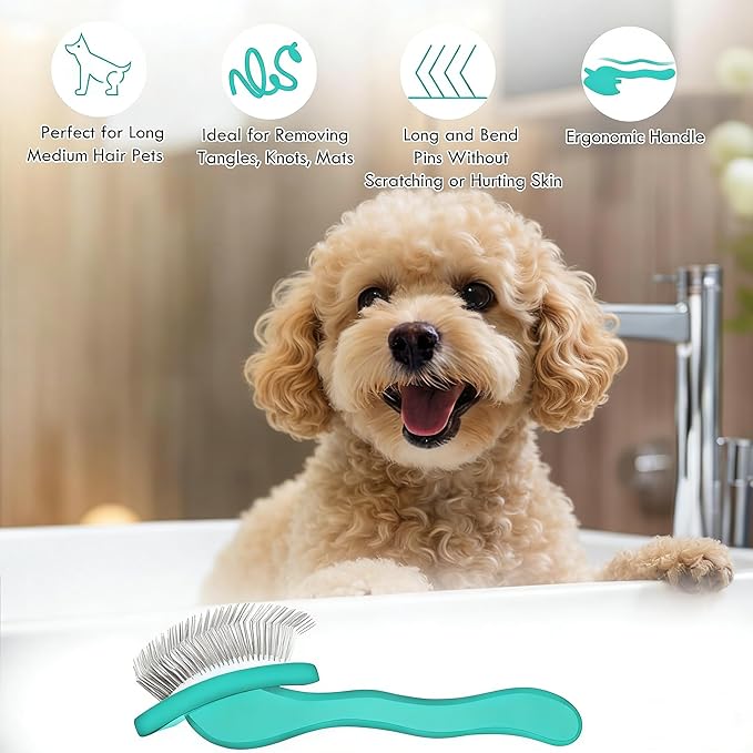 Slicker Brush for Dogs, Dog Grooming Supplies Long Pin Large Doodle Brush for Goldendoodles Poodles Bernedoodles, 3 Pcs Grooming Tools with Wooden Handle for Mats Tangles - Green
