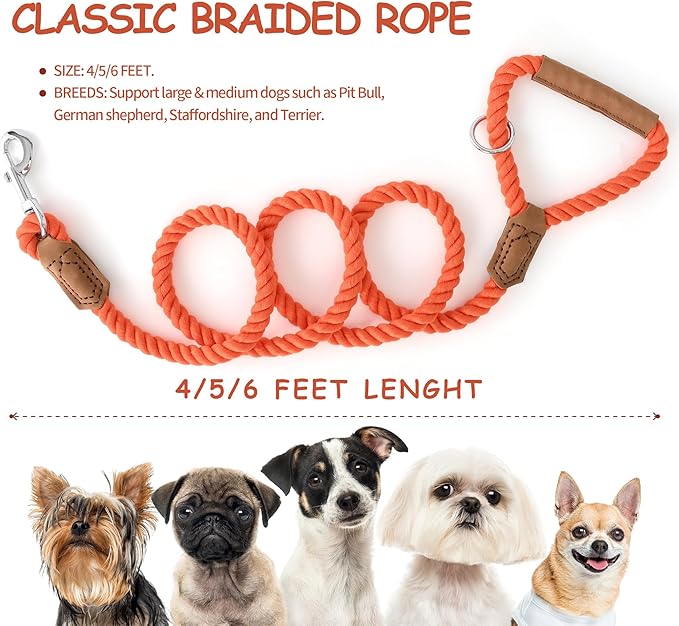 Mile High Life Dog Leash, Braided Cotton Rope Leashes with Leather Handle - Heavy Duty Metal Clasp, 4FT, 1/2" Thick - Wedding, Walking & Training Leash for Small Medium Large Dogs (Orangeade)