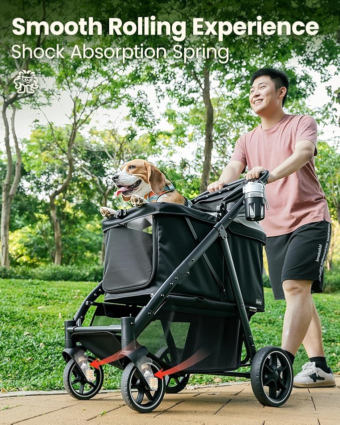 Pawccoli Medium Dog Stroller, Foldable Pet Stroller with Adjustable Handle & No Zip Entry, Storage Basket & Cup Holder, Canopy, Mesh Windows, Ideal for Medium Dogs and Cats Up to 50lbs, Black