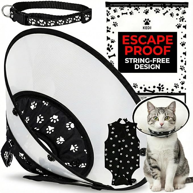 Cat Recovery Cone Kit Post Surgical Soft Pet Vest, Collar, and Non-Irritating Protection Cone for Cats - Comfortable Injury Care Solution (Black with White Paws, Medium)