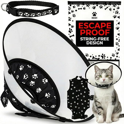 Cat Recovery Cone Kit Post Surgical Soft Pet Vest, Collar, and Non-Irritating Protection Cone for Cats - Comfortable Injury Care Solution (Black with White Paws, Medium)
