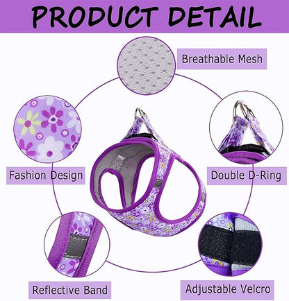 Moonpet Step in Dog Harness Leash Set- All Weather Reflective No-Pull Floral Pattern Padded Mesh Vest Harness for Cats Puppy Extra-Small Small Medium Large Dogs - Purple Flower - XXS