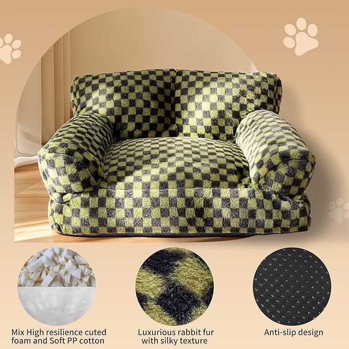 Faux Fur Cat & Dog Sofa Cat Couch Mini Cat Bed Indoor Human Style Pet Sofa, Modern Pet Furniture for Cats, Washable ＆ Removable Cover, for Cats and Small Medium Dogs (Black/Green, Large(30X21 inch))