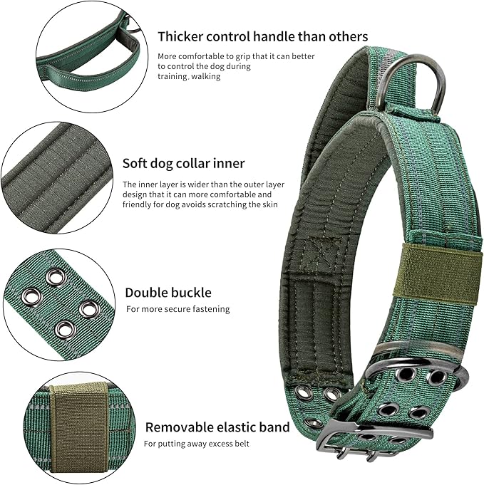Annchwool Tactical Dog Collar for Medium and Large Dog,Adjustable Military Dog Collar with Soft Padded Handle,Heavy Duty Double Buckle Design(Green,M)