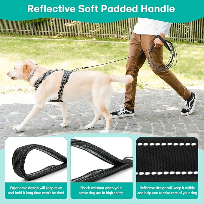 Long Dog Leash Chew Proof, Tie Out Cable for Dogs Heavy Duty 10/20/30/50 ft with Carabiner, Dog Leads for Yard for Medium Large Dogs, Dog Long Leashes with Padded Handle (Black, 50Ft)