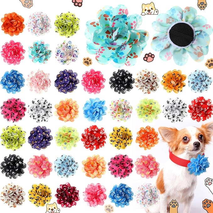 50 Pieces Paw Print Dog Collar Flowers Bulk Dog Paw Print Charms Grooming Accessories Bow Tie Flower for Pets Cat Collar Attachment Embellishment