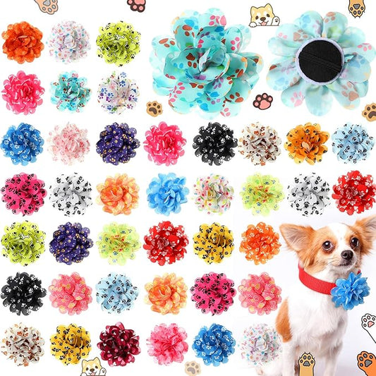 50 Pieces Paw Print Dog Collar Flowers Bulk Dog Paw Print Charms Grooming Accessories Bow Tie Flower for Pets Cat Collar Attachment Embellishment