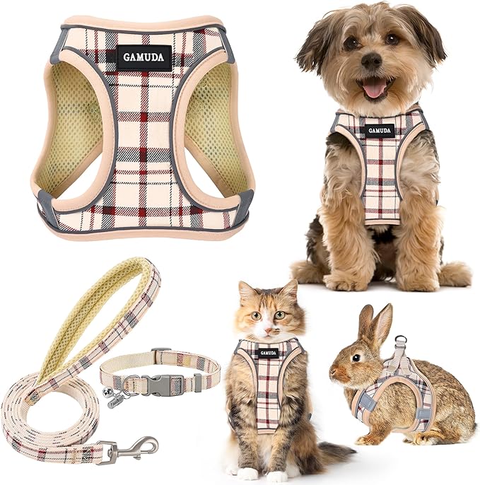 GAMUDA Small Dog Harness Collar and Leash Set, Step in No Chock No Pull Soft Mesh Adjustable Dog Vest Harnesses Plaid Reflective for Dogs Puppy Cats Kitten Rabbit (Beige Red, XXXS)