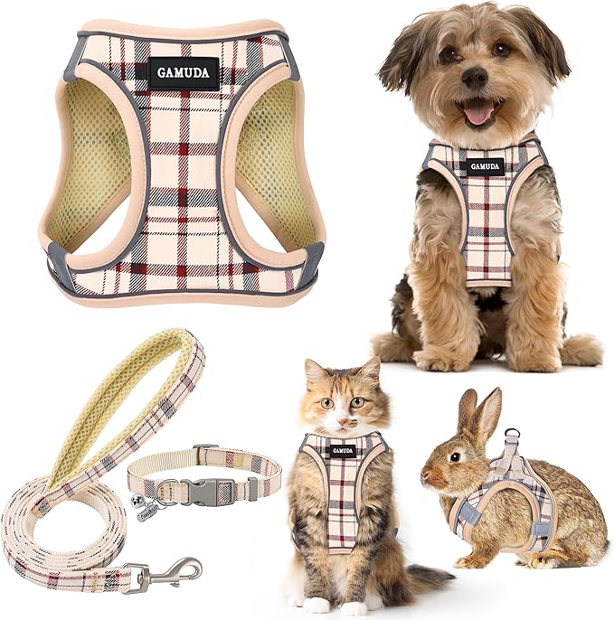 GAMUDA Small Dog Harness Collar and Leash Set, Step in No Chock No Pull Soft Mesh Adjustable Dog Vest Harnesses Plaid Reflective for Dogs Puppy Cats Kitten Rabbit (Beige, M)