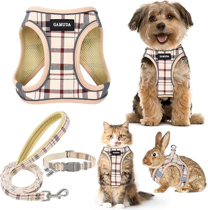 GAMUDA Small Dog Harness Collar and Leash Set, Step in No Chock No Pull Soft Mesh Adjustable Dog Vest Harnesses Plaid Reflective for Dogs Puppy Cats Kitten Rabbit (Beige, M)
