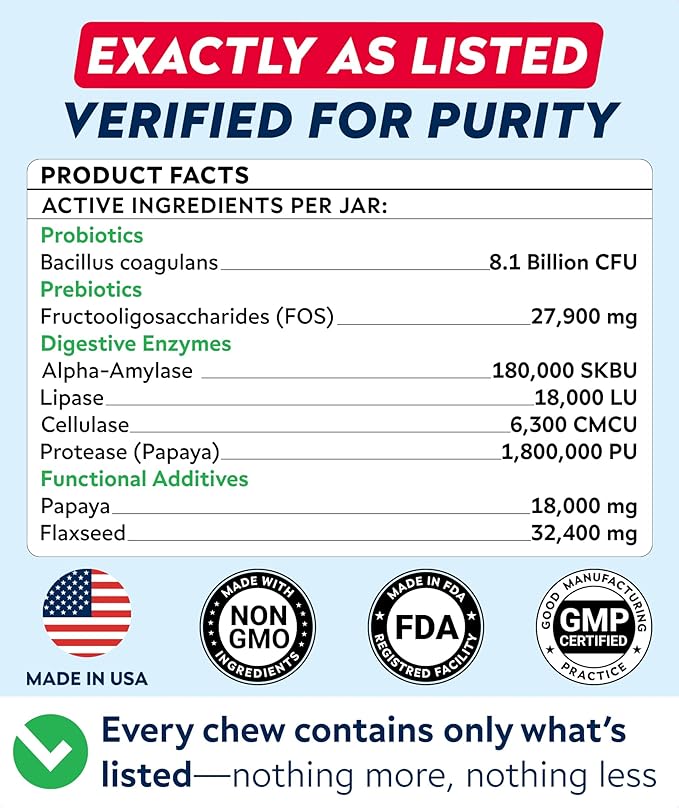 STRELLALAB Dog Probiotics Chews for Digestive Health & Gut Support with Yeast and Enzymes - Anti Gas, Diarrhea and Upset Stomach Immune Supplement - Digestion Treats with Fiber (180Ct, Bacon)