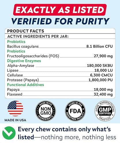 STRELLALAB Dog Probiotics Chews for Digestive Health & Gut Support with Yeast and Enzymes - Anti Gas, Diarrhea and Upset Stomach Immune Supplement - Digestion Treats with Fiber (180Ct, Bacon)