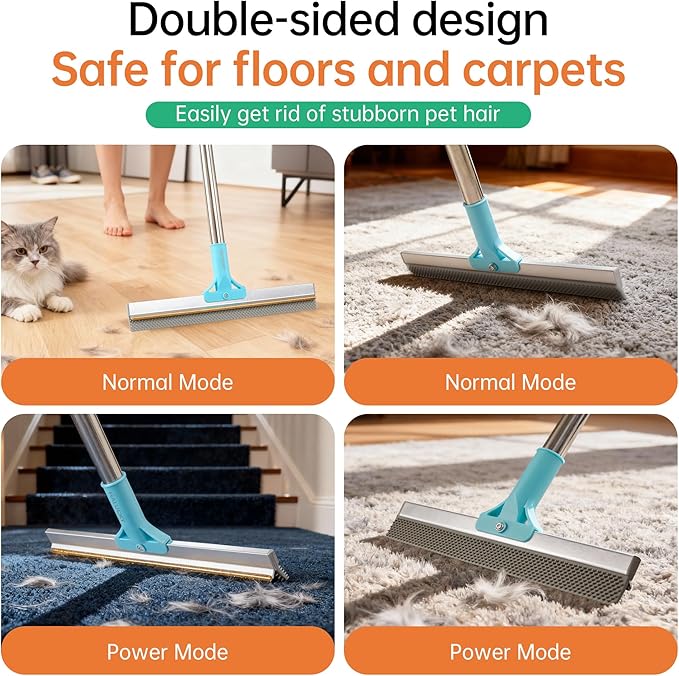 Carpet Rake for Pet Hair Removal Tool, 2 in 1 TPU and Copper Rake Teeth Uproot Clean Hair Remover with 63’’ Adjustable Long Handle, Reusable Cat & Dog Fur Broom for Carpets,Rugs, Mats