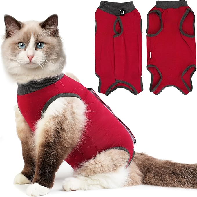Hpetppy Cat Recovery Suit for Spay Abdominal Wounds, Kitten Onesie Bodysuit for Cats After Surgery, Cat Surgery Recovery Suit Female Cone of Shame Alternative for Cats Anti Licking (Red,M)