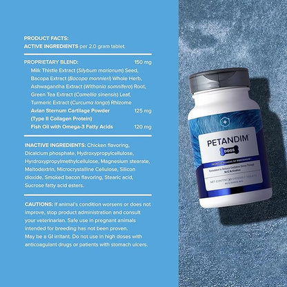 Petandim Dog Vitamins (30 Chewable Tablets), Antioxidants Reduce Oxidative Stress, Joint Supplement for Dogs, Skin and Coat Supplement, Omega-3 & Collagen for Dogs, Chicken + Bacon Flavor