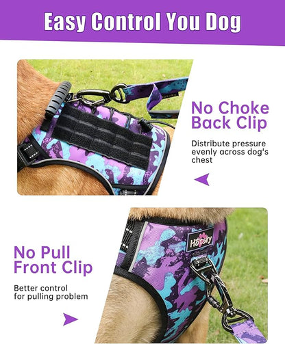 Hotsky Tactical Dog Harness No Pull，Adjustable Service Dog Vest Reflective Military Pet Harness with Control Handle Molle Loop Panels for Training Walking Running(Purple Camo, M)