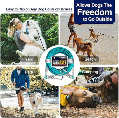 Tie Out Cable for Large Dogs, Pet Runner for Yard, Heavy Duty Swivel Hooks Lead Holds Break Strength of 1000lbs, Steel Wire Chain Dog Leash Cable for Yard (Turquoise 45FT)