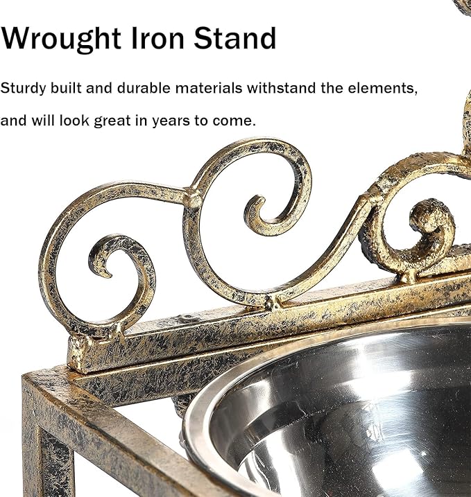 Elevated Dog Bowls for Large Dogs, Metal Raised Dog Feeder, Lifted Dogs Dish Stand with Double Stainless Steel Bowls for Food and Water, Antique Gold Finish Tall Dog Bowl Stand - Height 8.78"