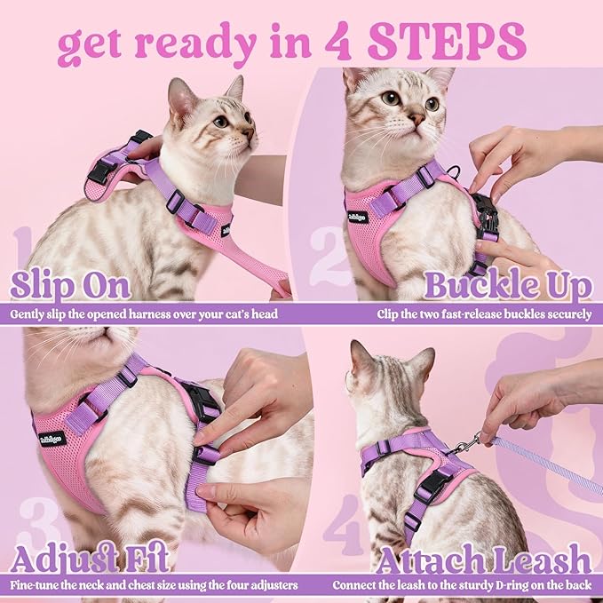 rabbitgoo Cat Harness and Leash for Walking, Escape Proof Soft Adjustable Vest Harnesses for Cats, Easy Control Breathable Reflective Strips Jacket, Pink & Purple, XXS