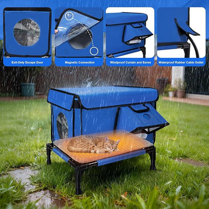 Elevated Heated Outdoor Cat House - 100% Weatherproof Insulated Outdoor Cat Shelter with Safe Escape Door & Removable Heating Pad, Warm Heated Cat House for Outside Stray/Feral/Barn Cat