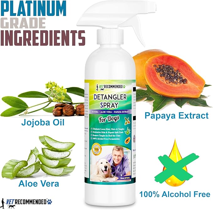 Vet Recommended Dog Detangler Spray & Conditioner – Made from Fresh Natural Extracts of Papaya, Jojoba & Aloe Vera | Eliminate Loose Hair, Remove Matts and Rejuvenate Coat | Made in USA | 16 Oz