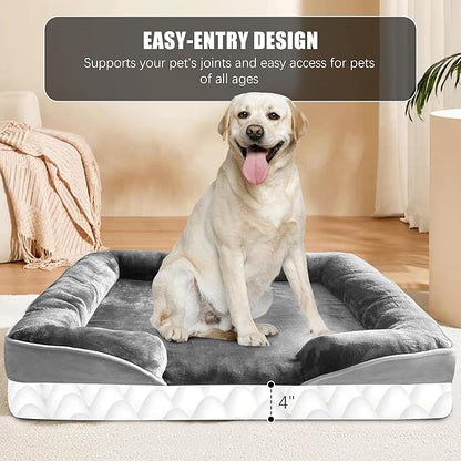 Spotted Play Orthopedic Dog Bed with Sides - Dog Sofa Beds for Extra Large Dogs, Supportive Foam Pet Couch Bed with Washable Removable Cover, Waterproof Lining and Non-Slip Bottom, Grey - XL-Plus