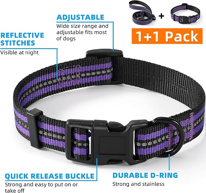 Mile High Life Reflective Dog Collar & Leash Set - Adjustable, Medium (Purple, Pack of 2)