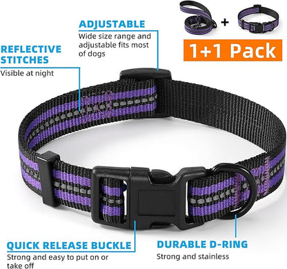 Mile High Life Reflective Dog Collar & Leash Set - Adjustable, Medium (Purple, Pack of 2)