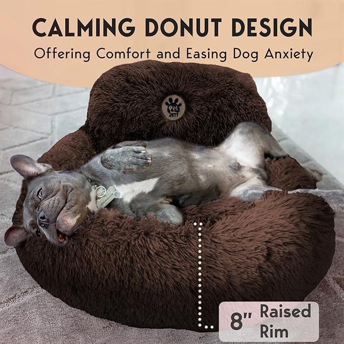 PetJett Calming Dog Bed for Small Dogs – 23" Donut Dog Beds, Anti-Slip & Washable Fluffy Plush Faux Fur Pet Bed, Anti-Anxiety Premium Comfort Round Puppy Bed, Fits Dogs up to 25 lbs – Brown