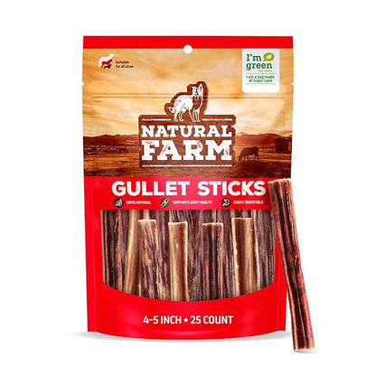 Natural Farm Gullet Sticks (4-5 Inch, 25 Pack), Grain-Free, Preservative-Free & Fully Digestible Beef Esophagus – Gentle Yet Effective Fun - Best for Light, Pups & Senior Chewers