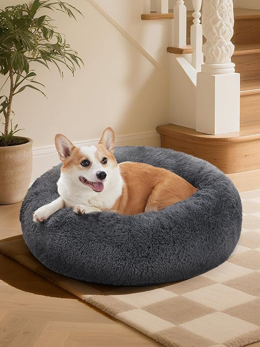 OhGeni 31 inches Calming Donut Orthopedic Dog & Cat Bed for Medium Pets, Warming Comfort Fluffy Long Pile Fur, Durable Waterproof Machine Washable Removable Cover, Cute Round Bed for Puppy, Dark Gray