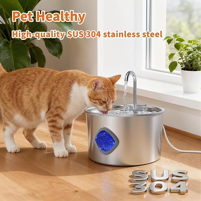 Cat Water Fountain Stainless Steel: 108oz/3.2L Cat Fountain for Drinking - Pet Water Fountains for Cats Indoor - Dog Water Bowl Dispenser - Pets Feeding & Watering Supplies - Automatic Water Dispenser