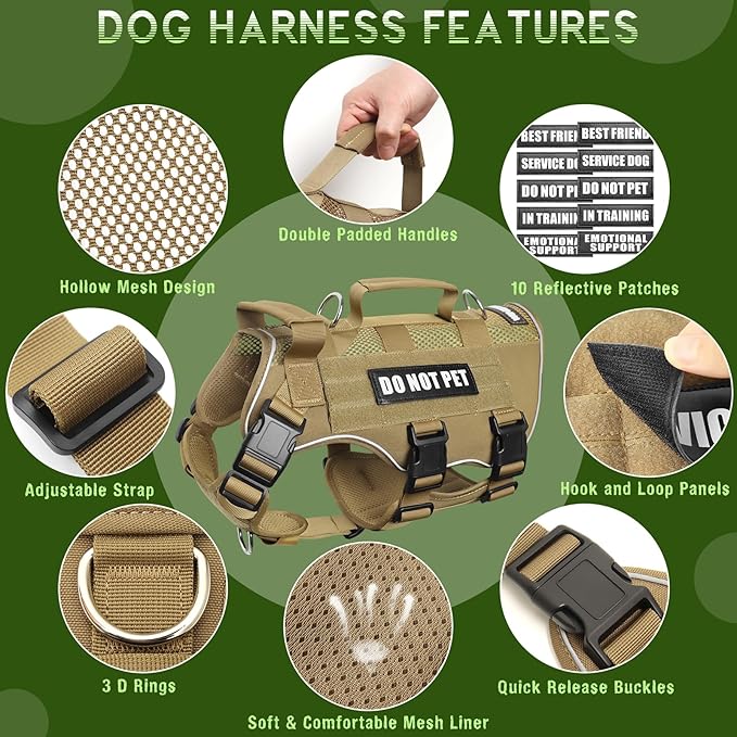 WINSEE Mesh Dog Harness with 10 Pet Patches for Medium Service Dog in Training, Breathable Tactical Molle Vest with Double Handle, Reflective Military Pet Vest for Walking Hiking
