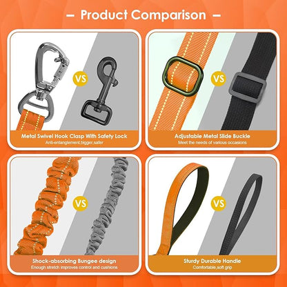 AUBELL Tactical Dog Leash Heavy Duty,4-6ft Reflective Strong No Pull Bungee Leash for Medium Large Dogs with Comfortable Padded Double Handle,Car Seat Belt,360 Degree Rotating Carabiner,Orange