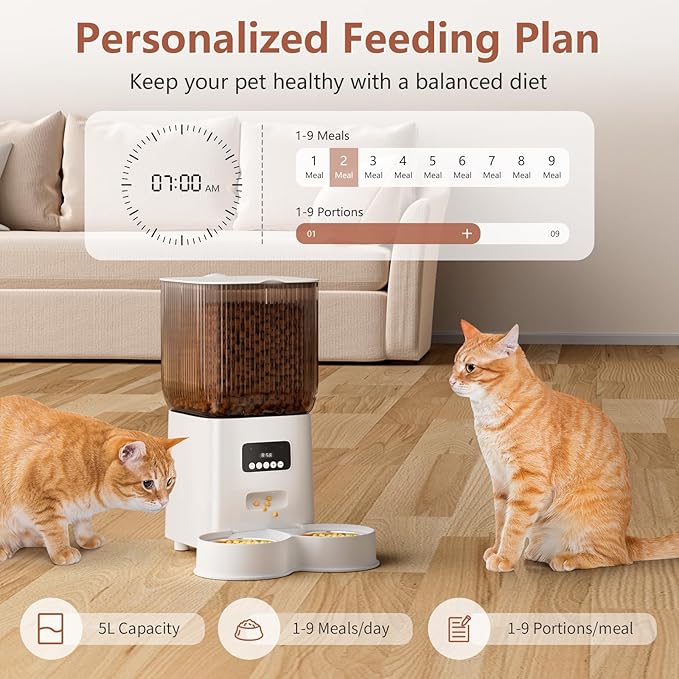 Gzenlos Automatic Cat Feeder, 5L Timed Cat Food Dispenser with Programmable Portion Control, Pet Feeder up to 9 Meals per Day for 2 Cats, Automatic Pet Feeder for Small Dogs Indoor(Botton)
