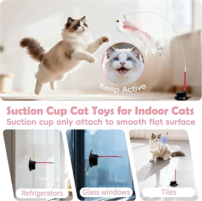 CUUOOT 7-in-1 Kitten Toys for Indoor Cats with Washable Adhesive Suction Cup, Hanging Interactive Cat Toys, Silvervine Stick and Sisal Chew Rope Catnip Teething Toy for Bored Kitten (Pink)